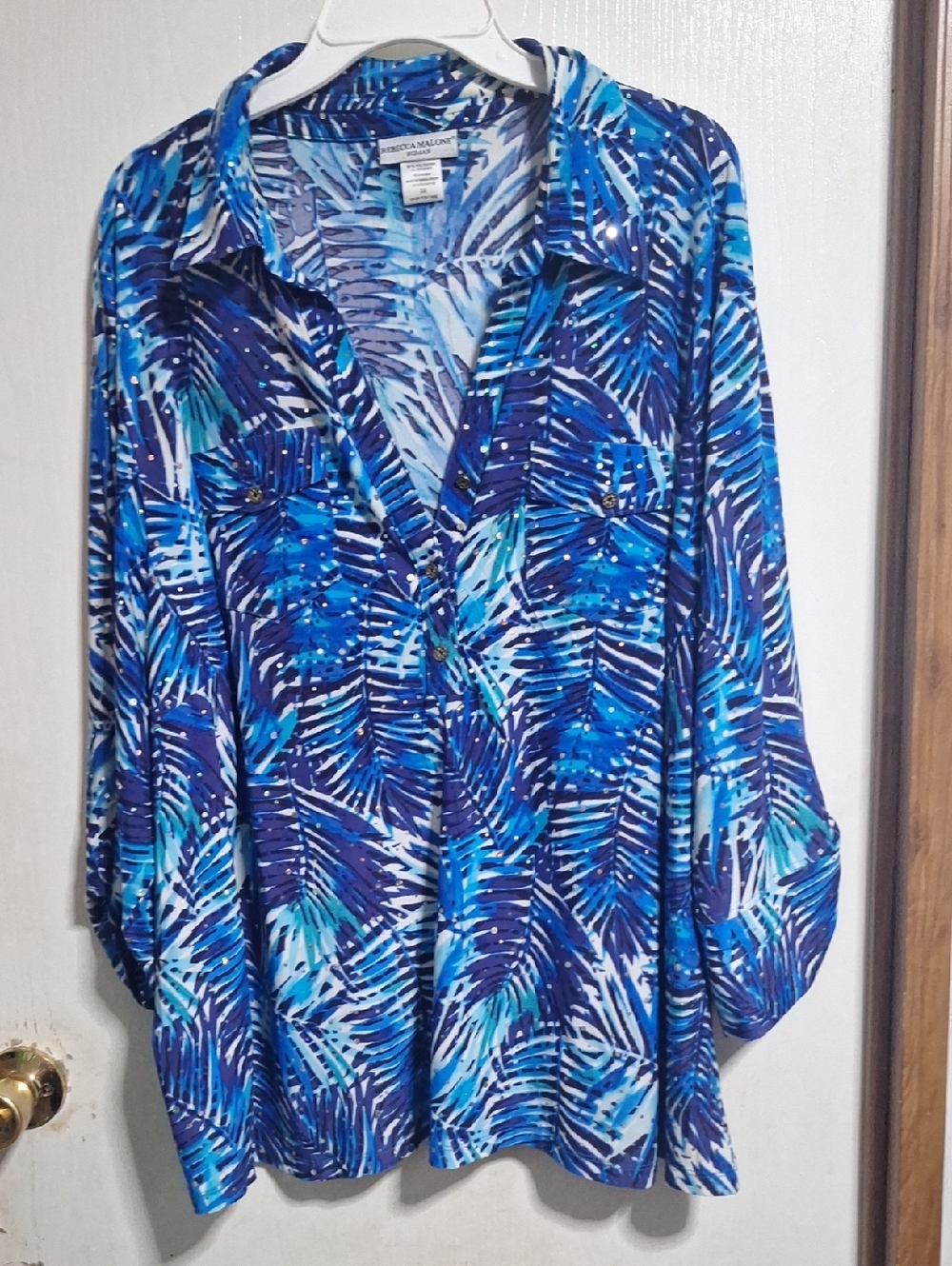 Rebecca Malone Blue & Aqua Palm Print Button-Down Tunic. Very Sparkely.